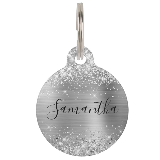 Sparkly Glittery Silver Foil Huisdierpenning (Voorkant)