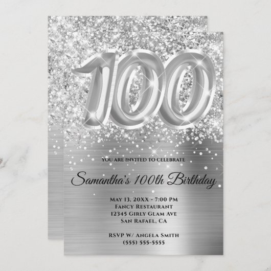 Sparkly Glittery Silver Glam 100th Birthday Kaart (Voorkant / Achterkant)