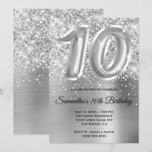 Sparkly Glittery Silver Glam 10th Birthday Kaart (Voorkant / Achterkant)
