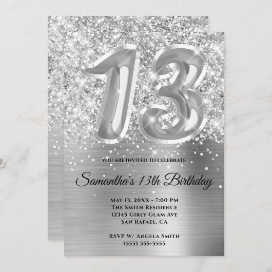 Sparkly Glittery Silver Glam 13th Birthday Kaart (Voorkant / Achterkant)