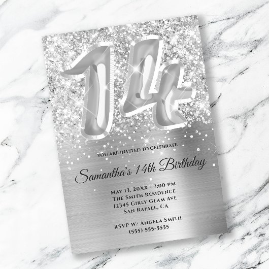 Sparkly Glittery Silver Glam 14th Birthday Kaart