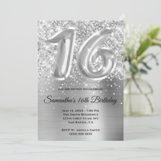 Sparkly Glittery Silver Glam 16th Birthday Kaart (Staand voorkant)