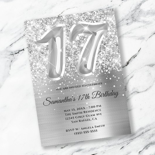 Sparkly Glittery Silver Glam 17th Birthday Kaart