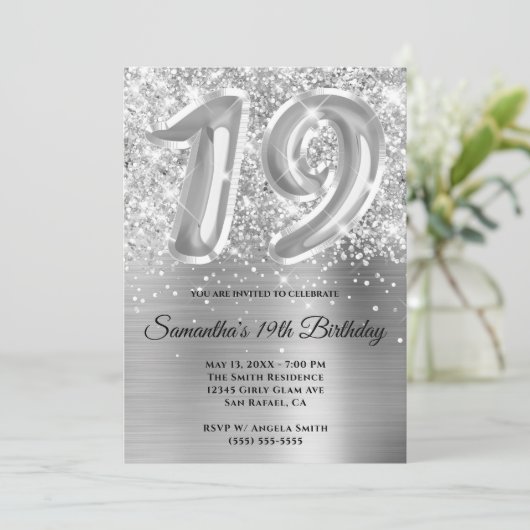 Sparkly Glittery Silver Glam 19th Birthday Kaart (Staand voorkant)
