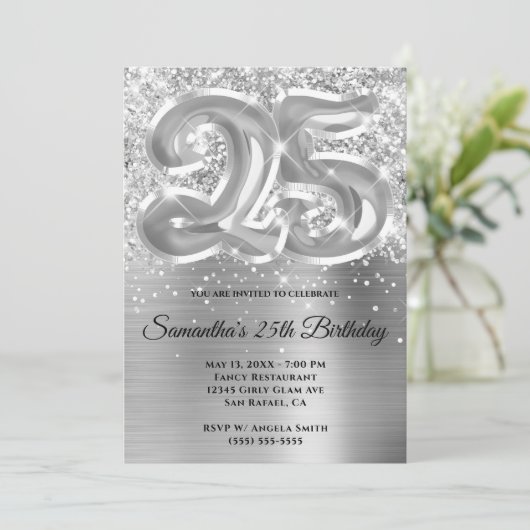 Sparkly Glittery Silver Glam 25th Birthday Kaart (Staand voorkant)