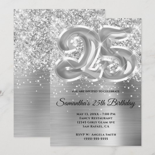 Sparkly Glittery Silver Glam 25th Birthday Kaart (Voorkant / Achterkant)