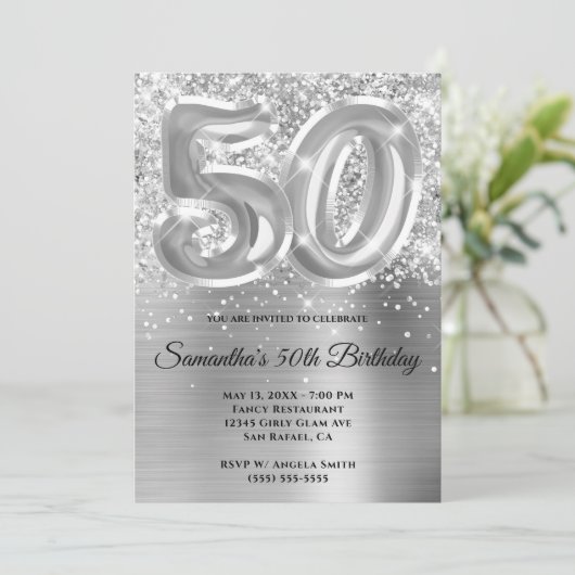 Sparkly Glittery Silver Glam 50th Birthday Kaart (Staand voorkant)