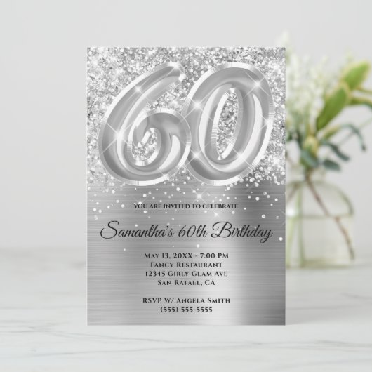 Sparkly Glittery Silver Glam 60th Birthday Kaart (Staand voorkant)