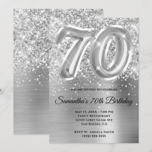 Sparkly Glittery Silver Glam 70th Birthday Kaart (Voorkant / Achterkant)