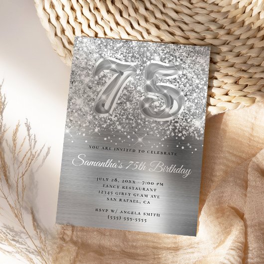 Sparkly Glittery Silver Glam 75th Birthday Kaart