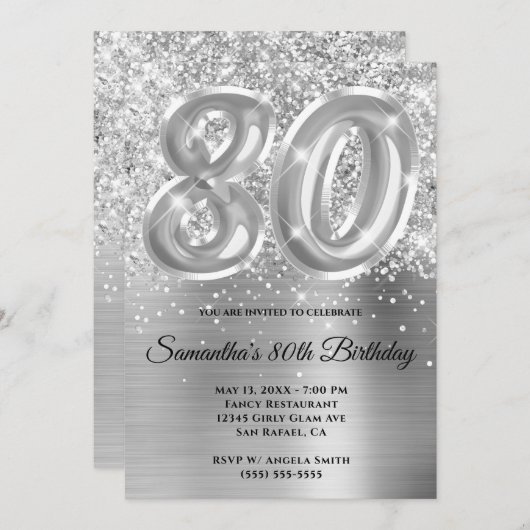Sparkly Glittery Silver Glam 80th Birthday Kaart (Voorkant / Achterkant)