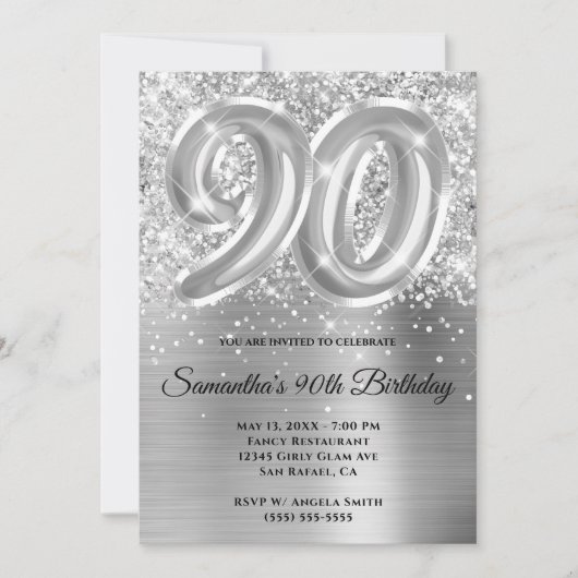 Sparkly Glittery Silver Glam 90th Birthday Kaart (Voorkant)