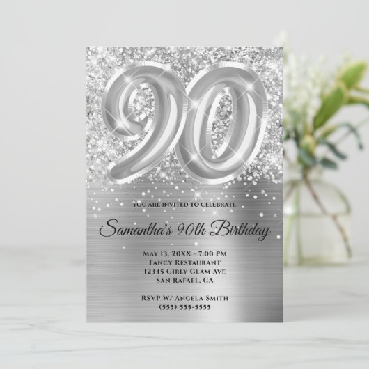 Sparkly Glittery Silver Glam 90th Birthday Kaart (Staand voorkant)