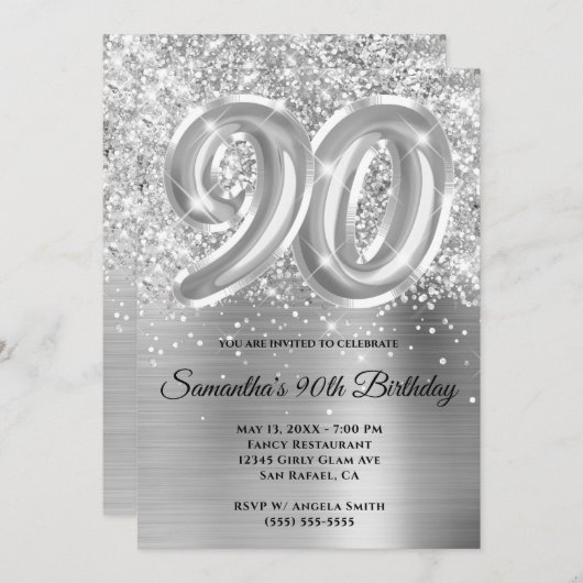 Sparkly Glittery Silver Glam 90th Birthday Kaart (Voorkant / Achterkant)