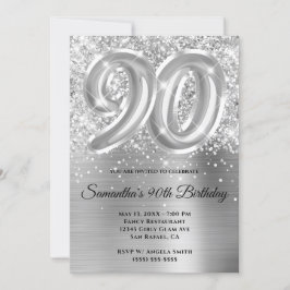 Sparkly Glittery Silver Glam 90th Birthday Kaart