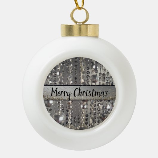 Sparkly Glittery Silver Stringed Beads Keramische Bal Ornament (Voorkant)