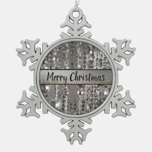Sparkly Glittery Silver Stringed Beads Snowflak Tin Sneeuwvlok Ornament (Voorkant)