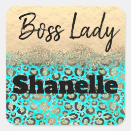 Sparkly Glittery Turquoise Leopard Boss Lady Vierkante Sticker
