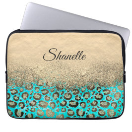 Sparkly Glittery Turquoise Leopard Laptop Sleeve