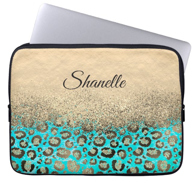 Sparkly Glittery Turquoise Leopard Laptop Sleeve (Voorkant)