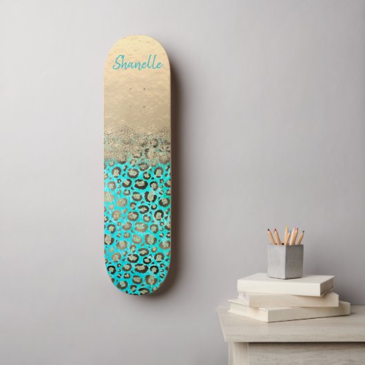 Sparkly Glittery Turquoise Leopard Persoonlijk Skateboard (Muurkunst)