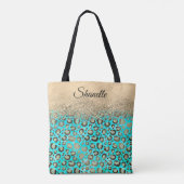 Sparkly Glittery Turquoise Leopard Tote Bag (Achterkant)