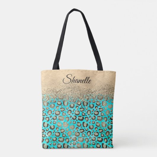 Sparkly Glittery Turquoise Leopard Tote Bag (Achterkant)