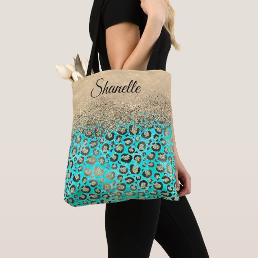 Sparkly Glittery Turquoise Leopard Tote Bag (Dichtbij)