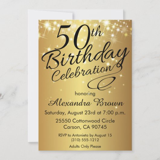 Sparkly Gold 50th Birthday Invitations Kaart (Voorkant)