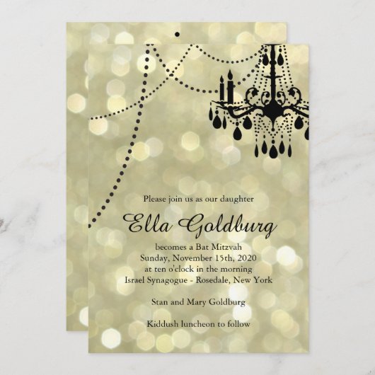 Sparkly Gold Chandelier Bat Mitzvah Uitnodiging (Voorkant / Achterkant)