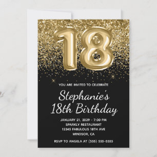 Sparkly Gold Glitter Black Balloon 18e verjaardag Kaart