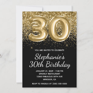 Sparkly Gold Glitter Black Balloon 30e verjaardag Kaart