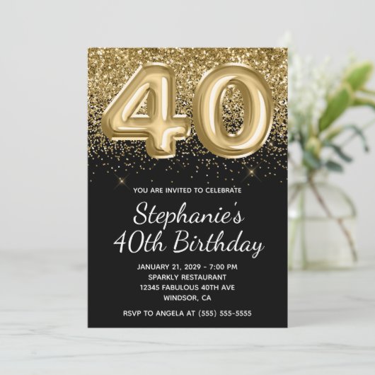 Sparkly Gold Glitter Black Balloon 40e verjaardag Kaart (Staand voorkant)