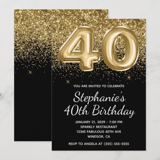 Sparkly Gold Glitter Black Balloon 40e verjaardag Kaart (Voorkant / Achterkant)
