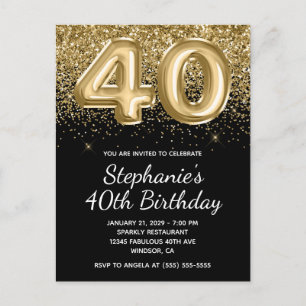 Sparkly Gold Glitter Black Balloon 40e verjaardag Uitnodiging Briefkaart