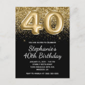 Sparkly Gold Glitter Black Balloon 40e verjaardag Uitnodiging Briefkaart (Voorkant)