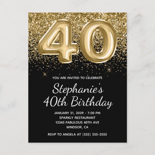 Sparkly Gold Glitter Black Balloon 40e verjaardag Uitnodiging Briefkaart (Voorkant)