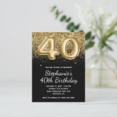 Sparkly Gold Glitter Black Balloon 40e verjaardag Uitnodiging Briefkaart (Staand voorkant)