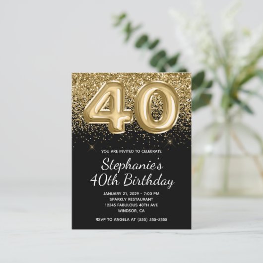 Sparkly Gold Glitter Black Balloon 40e verjaardag Uitnodiging Briefkaart (Staand voorkant)