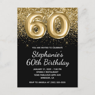 Sparkly Gold Glitter Black Balloon 60e verjaardag Uitnodiging Briefkaart