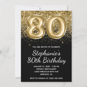 Sparkly Gold Glitter Black Balloon 80e verjaardag Kaart