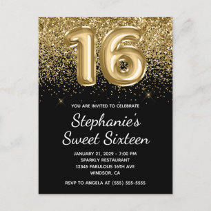 Sparkly Gold Glitter Black Balloon Sweet Sixteen Uitnodiging Briefkaart