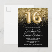 Sparkly Gold Glitter Black Balloon Sweet Sixteen Uitnodiging Briefkaart (Voorkant / Achterkant)