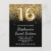 Sparkly Gold Glitter Black Balloon Sweet Sixteen Uitnodiging Briefkaart (Voorkant)