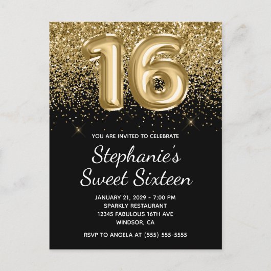 Sparkly Gold Glitter Black Balloon Sweet Sixteen Uitnodiging Briefkaart (Voorkant)