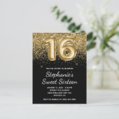 Sparkly Gold Glitter Black Balloon Sweet Sixteen Uitnodiging Briefkaart (Staand voorkant)