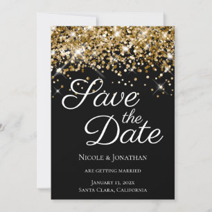 Sparkly Gold Glitter Black Elegant Calligrafie Save The Date