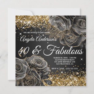 Sparkly Gold Glitter Black Roos Glam 40 & Fabulous Kaart