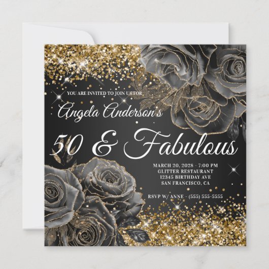 Sparkly Gold Glitter Black Roos Glam 50 & Fabulous Kaart (Voorkant)