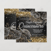 Sparkly Gold Glitter Black Roos Glam Quinceañera Kaart (Voorkant / Achterkant)